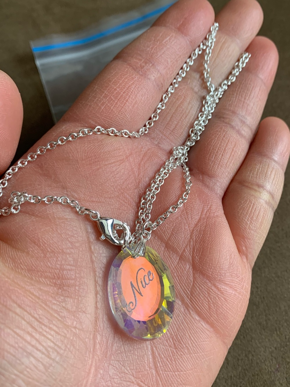 NEW Iridescent Hologram Pendant Necklace Crystal engraved “Nice”